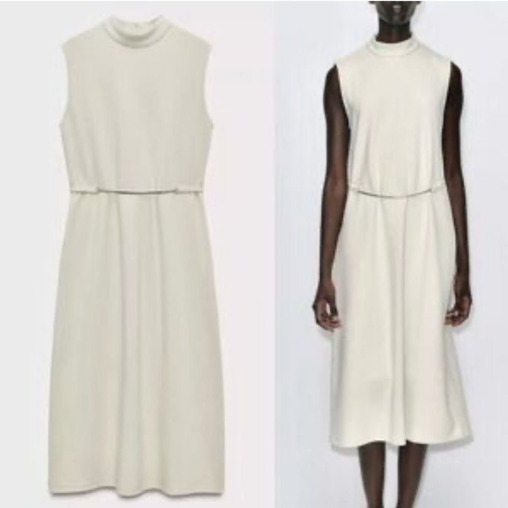 Zara off white ivory belted front mock neck soft sleeveless midi dress